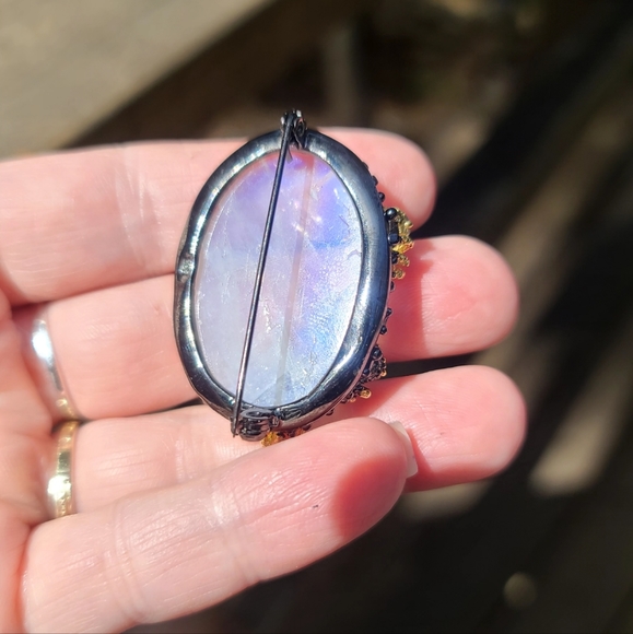 HUGE GORGEOUS Moonstone & Aquamarine brooch w/24k Gold Spiders - Picture 7 of 11